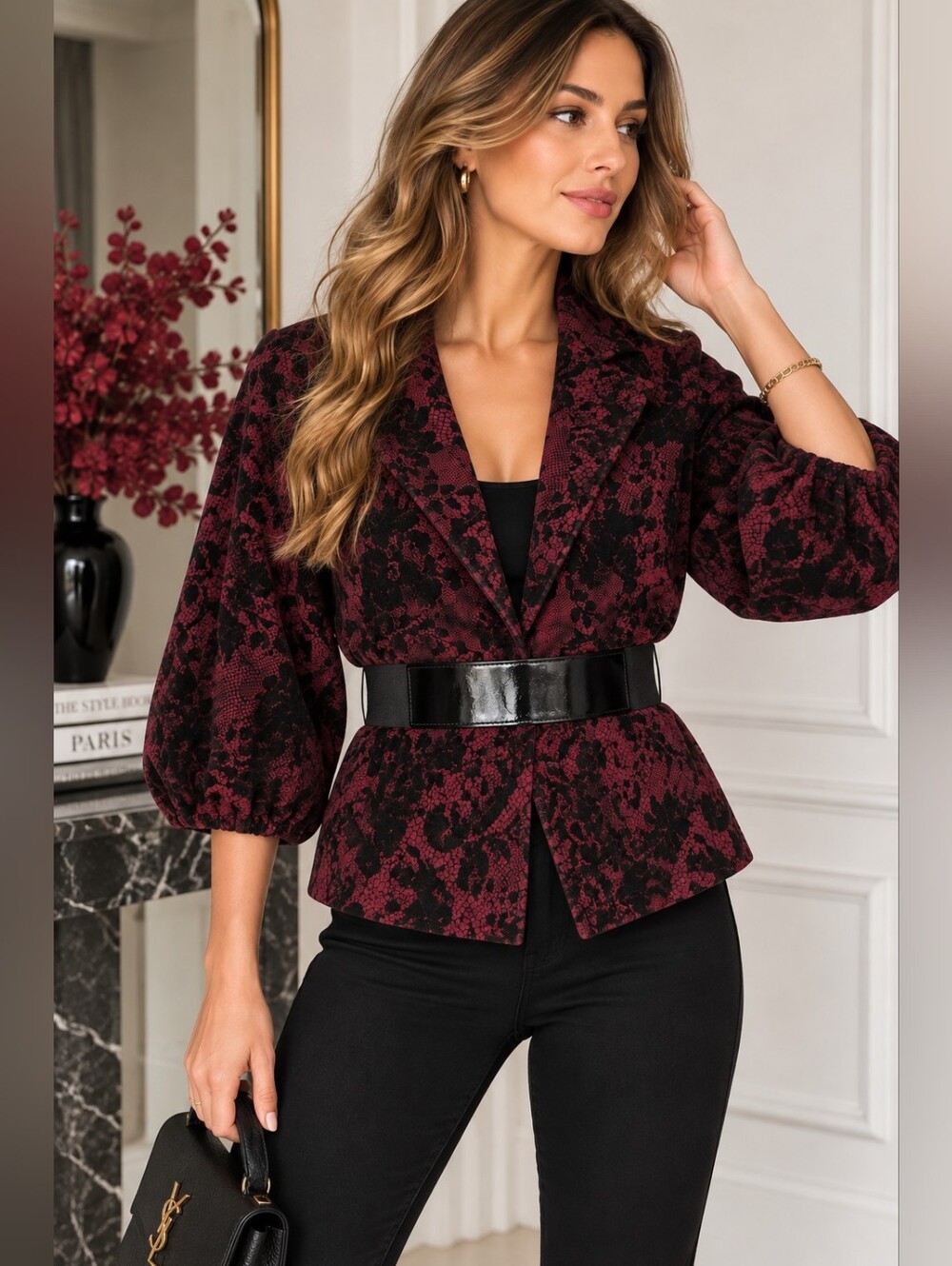 Women’s Burgundy Floral Peplum Jacket with Belt